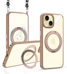 【迅速発送】iPhone 15 ケース ショルダー クリア リング付き 透明 MagSafe対応 マグセーフ ワイヤレス充電 スタンド機能 マグネット搭載 スマホケース アイフォン 15 ケース シリコン TPU 調節可能 ストラップホール付き 肩がけ 首掛け