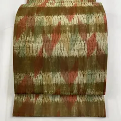 袋帯 美品 秀品 紬地 やまと 横段 縫い締め絞り 茶緑色 全通 正絹 