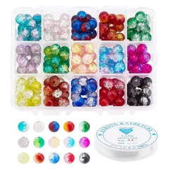 【在庫処分】手作り素材 アクセサリーパーツ 手芸用品 DIY用 付き 可愛い 弾力線 透明 クラックビーズ ラウンドビーズ 15色 混合色 10mm ガラスビーズ 約195個/箱 Elite PandaHall