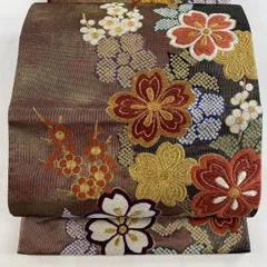 【美品】 袋帯 秀品 振袖向き 桜 梅 金糸 箔 黒 六通 正絹 【中古】
