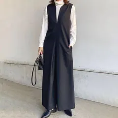 ロング丈 Vネック オールインワン サロペット ワイドパンツ パンツドレス