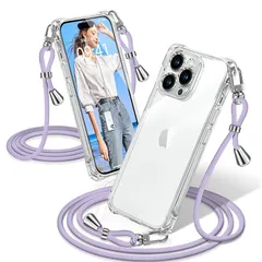 iPhone 14 Pro ケース クリア ショルダー 耐衝撃 iPhone14Pro スマホケース 透明 織りストラップ付き 肩がけ 首掛け 紐付き アイフォン14Pro カバー 縄掛け シングルショルダーロープ 斜めがけ 調節可能なショルダー クロスボ 0