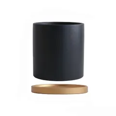 新着商品 鉢 植木鉢 鉢カバー フプランター 陶器鉢 セラミック 底穴あり 皿付き ホワイト ブラック グレー モランディカラー 円筒形 直径15cm 高さ15cm インテリア 部屋 飾り 観葉植物 (ブラック+金色トレー 高さ:15cm)
