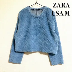 ザラ ブルー キルティング ニットトップス ボア 長袖 カットソー クルーネック ショート丈 水色