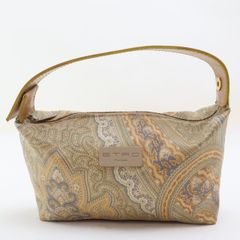 2507-26 エトロ ポーチ 美品 ETRO ナイロン×レザー製 ベージュ系 上ZIP