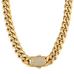 KRKC&CO 喜平チェーン メンズネックレス 12mm ステンレス マイアミ キューバンチェーン ジルコニア付き 18金メッキ 男性 チョーカー 金属アレルギー対応 B系 ヒップホップ キラキラ アクセサリー