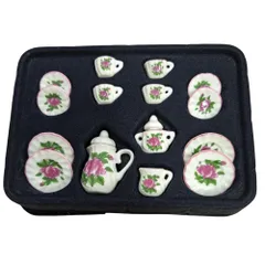 ミニチュア 茶器セット 1/12スケール 《ローズ柄》 ドールハウス 食器 皿 ティーカップ ティーポット 小物[定形外郵便、送料無料]