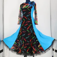 【美品 社交ダンス衣装】ブルー WAKANA MATSUMOTO ワカナマツモト ワンピース ドレス 青 水色 花 羽 ブラック 黒 フリル 虹色 レース 長袖 赤 オレンジ レッド ダンス用 レディース 女性用 デモ 発表会