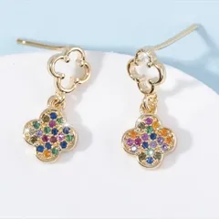2連 クローバー 四葉 フラワー 花 CZダイヤ ピアス＊マルチカラー＊