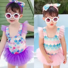 【人気】３点セット マーメイド ワンピース チュチュ フリル 水着 80-90 110-130 パープル　ブルー×ピンク