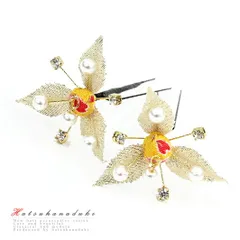 髪飾り 成人式 振袖 袴 花 2点セット 黄色 白 ゴールド ピンク ちりめん 玉 玉飾り 玉かざり かんざし リーフ 葉っぱ 葉 パール No.9-4760