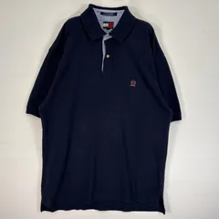 古着 90's/90年代 トミーヒルフィガー TOMMY HILFIGER 鹿の子 半袖 ポロシャツ ロゴ 刺繍 2ボタン 肉厚 フラッグタグ L  ネイビー 無地 メンズ