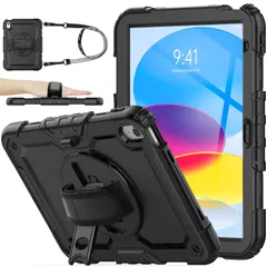 【在庫セール】10.9インチ専用ケース 耐衝撃 保護フィルム付き 第10世代 ペン収納 iPad 360°回転スタンド ハンドストラップ stock ショルダーストラップ付き 全面保護カバー SEYMAC (ブラック)