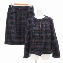 レリアン Leilian 美品 スーツ セットアップ ツイード ノーカラージャケット タイトスカート シングル ノーベント 総裏地 ひざ丈 チェック 11 L 紺 ネイビー /GV
