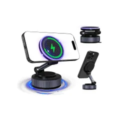 新品 【15W急速充電+真空吸盤】Surundo スマホホルダー 車 アップグレード版 強力マグネット式 車 スマホスタンド 多角度調節・360°回転対応 折りたたみ式 真空吸着式車載スマホホルダー Magsafe対応 N55磁石×22個搭載で安定性強化