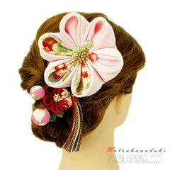 髪飾り 成人式 つまみ細工 赤 振袖 袴 浴衣 夏祭り 花火大会 2点セット ピンク ちりめん 房付き 玉飾り 和柄 ヘアアクセ かんざ No.9-3548