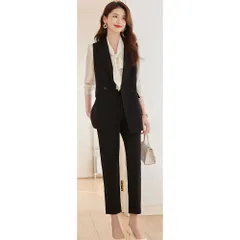 ☆ ブラック ☆ S ☆ レディース 上下セット フォーマル セットアップ レディース ベストスーツ スーツ パンツスーツ パンツ パンツセット 上下セット ベストロングベスト ジレ ベスト 前開き パンツセットアップ 無地 シンプル 入学式 入園式