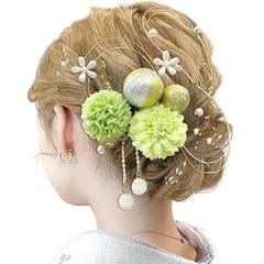 【JZOON】浴衣 髪飾り 15点セット 成人式 卒業式 振袖 和装 着物 袴 ドライフラワー 金箔 和玉 水引き パール 全9色 緑 F1108