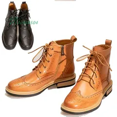 ブーツ レディース 。 ウィングチップ サイドジッパー付き カジュアル レースアップ ロングレザー ブラウン ファスナー  vii3v959504