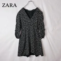 ZARA ザラ　シャーリング　パフスリーブ　ミニ　ワンピース　総柄　黒