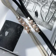 ベルト レディース ゴム 細い パール 結婚式 お呼ばれ ウエストマーク パーティー 簡単 バックル フォーマル フックタイプ haremode b-9