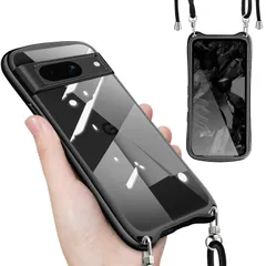 Google Pixel 8a ケース クリア ショルダー ストラップ付き グーグル ピクセル8a カバー 透明 肩掛け 縄掛け 斜めかけ TPU 耐衝撃 全面保護 薄型 韓国 可愛い スマホケース （ブラック）のサムネイル