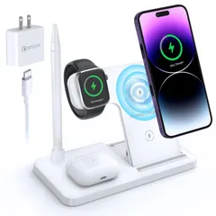 ホワイト 【置くだけ充電器&最大15W急速充電＆Qi認証済】ワイヤレス充電器 4 in 1 iphone 充電器 ワイヤレス スマホ充電スタンド 折りたたみ式 角度調節可 TypeC端子 apple watch 充電器 iPhone 15/14/13/12シリ