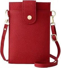 Four leaf スマホ 小銭 カードが入る スマホポーチ レディース 斜めがけ 携帯 ショルダー バッグ 縦型 軽量 レザー お財布 小銭入れ 一体型 ポシェット サコッシュ(レッド)