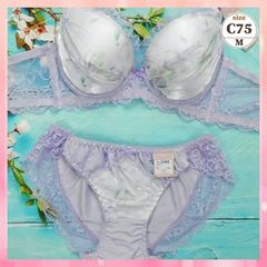 ★C75/M☆美胸ブラ＆ショーツセット 脇高 美シルエット 谷間メイク 脇サイドスッキリ 水彩フラワー 紫