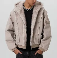 新品未使用 h ヴィンテージ風 クリーンフィット 毛襟付き フード中綿ジャケット｜ユニセックス 冬用 厚手 アウター