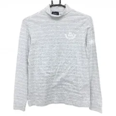 【美品】パーリーゲイツ 長袖ハイネックシャツ 杢ライトグレー×白 ボーダー ロゴプリント レディース 1(M) ゴルフウェア PEARLY GATES