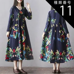 種類11：ネイビー/3XL 花柄 切り替え デザイン ロング ワンピース フレアワンピース 膝下 ロング丈 袖あり 長袖 Vネック フレア Aライン 切り替えデザイン タック かわいい 大人可愛い きれいめ カジュアル 大人 上品 おしゃれ エスニック エキゾ