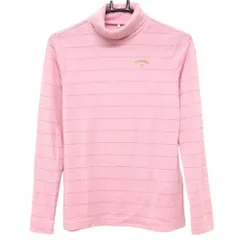 【美品】キャロウェイ 長袖タートルネックシャツ ピンク×ゴールド ボーダー調 微起毛 ロゴ刺しゅう レディース S ゴルフウェア Callaway