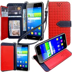 GTO CO., LTD. ストラップ2本付GTOHuawei Y6 ケース 手帳型 カバー オリジナルハンドストラップ＆ネックストラップ付 3点セット( レッド,  Huawei Y6)