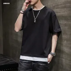 tシャツ メンズ 半袖 無地 重ね着風 大きいサイズ ゆったり 五分袖 メンズ 夏服ruilang19