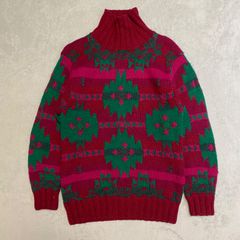 【MARSH LANDING】ネイディブ柄　ハンドニット　ネイティブ柄　サイケ（赤、ピンク、グリーン）　ハイネック　タートルネック　サイズM　ヴィンテージ