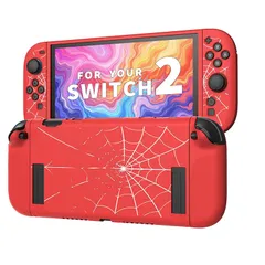 Jemdo カバー Nintendo Switch 2用の保護カバー TPUケース 薄型 耐衝撃 蜘蛛の巣デザイン(レッド)