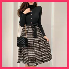 【スタッフおすすめ！】 ニットワンピースレディース千鳥柄切替秋冬 ニットワンピ千鳥柄/体型カバー ニット/フェミニン ワンピ 韓国 プチハイネック フレアワンピース おすすめ おしゃれ　かわいい　人気 86XANYT-067