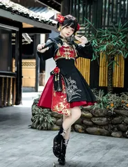 和風 ロリータ ワンピース 黒 赤 着物風 ドレス 中華風 ゴスロリ 衣装 刺繍 花柄 レース 可愛い コスプレ 衣装 学園祭 舞台 イベント 撮影 レディース 長袖 ミニ丈 春 秋 冬
