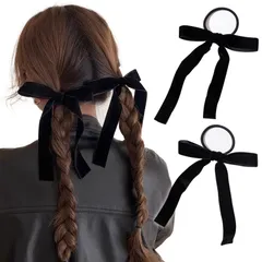 成人式 ブラック 大人 髪ゴム おしゃれ 結婚式 リボン リボン (ブラック 髪飾り ヘアアクセサリー シュシュ ベルベット ヘアアクセ 2枚セット) 黒 2個セット ヘアゴム ベロア Sheepyo
