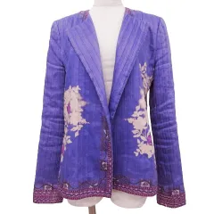 エトロ ETRO 花柄 ノーカラー ジャケット シルク リネン混 総柄 ボタンレス 羽織 42 紫 パープル IBO58のサムネイル