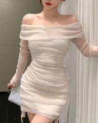 ［デコルテで着やせ］オフショルワンピース 結婚式お呼ばれドレス ホワイト ドレスL お呼ばれ ナイトドレス 誕生日 レディース キャバ嬢 ラウンジドレス 着やせ セクシー ワンピース 長袖 ボディコン デート 韓国 zara royalparty