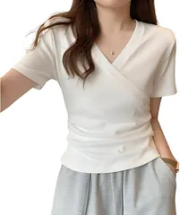 OZBERLI レディース tシャツ 半袖 vネック トップス カットソー 大人 カジュアル きれいめ シンプル 無地 おしゃれ かわいい セクシー エモい 可愛い お洒落 夏 フォーマル(ホワイト,  L)