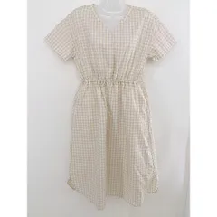 ◇ E hyphen world gallery PEACE チェック 半袖 膝下丈 ワンピース サイズF ベージュ ホワイト レディース  【中古】 【1203150011448】