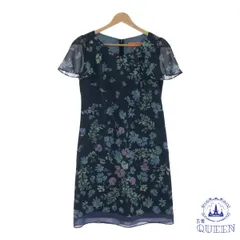 ☆美品☆ SunaUna スーナウーナ ワンピース ミニワンピース 半袖 Ｖネック レース 花柄 ２枚重ね レディース ネイビー 36 日本製 901-8412 送料無料 古着