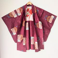 Japanese Vintage Haori Long Meisen Red purple Chrysanthemum pattern Silk Kimono Jacket 長羽織 羽織 正絹 銘仙 赤葡萄色 菊柄 古布 時代布 一点物 大正浪漫 和洋折衷