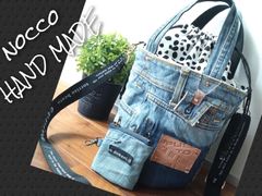 №710【DENIM✖️ダルメシアン 巾着丸底ToteBAG♥】デニムリメイクトートバッグ👖お揃いminiポーチ付🩷