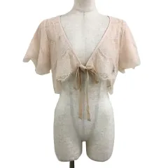 ランバンオンブルー LANVIN en Bleu カーディガン ボレロ Vネック ショート レース リボン リバーシブル ナイロン パーティー シアー 透け感 半袖 ピンク ベージュ