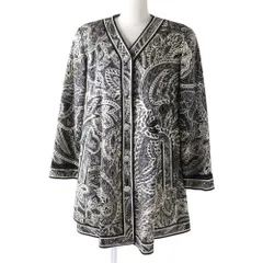 極美品◎日本製  LEONARD FASHION レオナール ファッション レディース シルク100％ ノーカラー コート ブラック×ベージュ 総柄 9ARのサムネイル