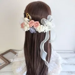 髪飾り ヘッドドレス ドライフラワー＊結婚式 成人式 卒業式 和装 打掛 振袖 袴~プリザーブド ローズ バラ リボン~くすみピンクホワイト 白 14本